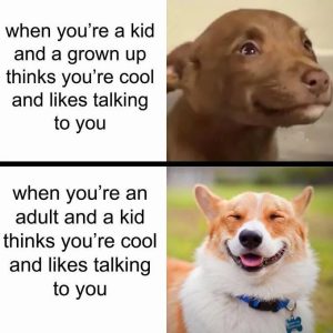 Meme comparing reactions when kids and adults think you're cool