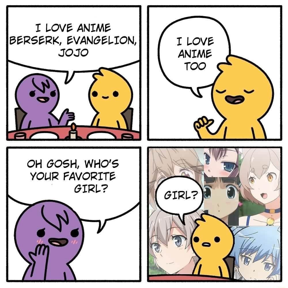 Anime fan confusion over favorite girl question meme