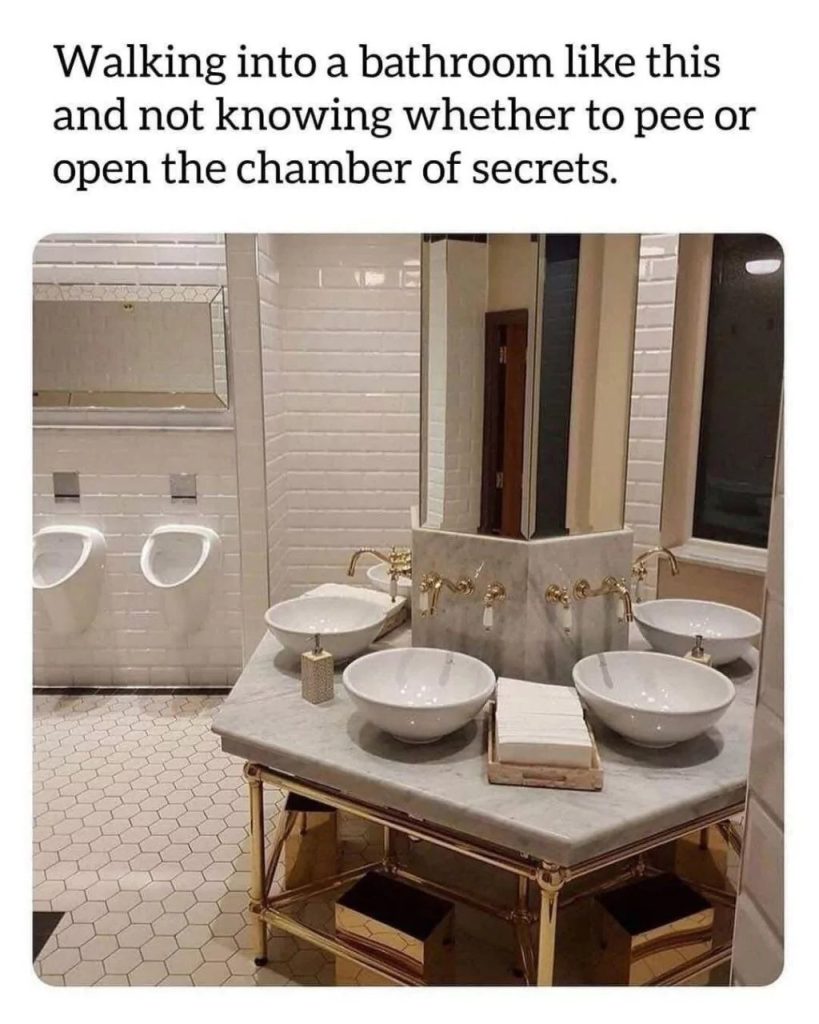 Walking into a bathroom and not knowing whether to pee or open the chamber of secrets.