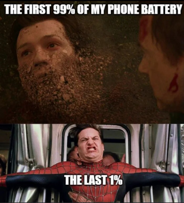 The first 99% and last 1% of phone battery meme