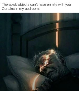 Therapist and curtains meme humor about object enmity