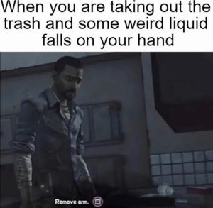 When you are taking out the trash and some weird liquid falls on your hand meme
