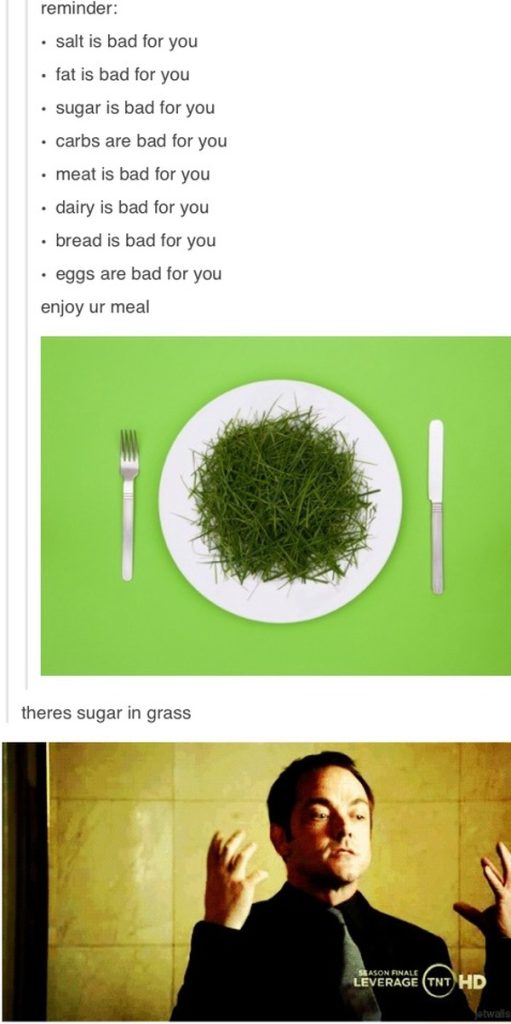 Humorous meme listing unhealthy foods with ironic grass meal