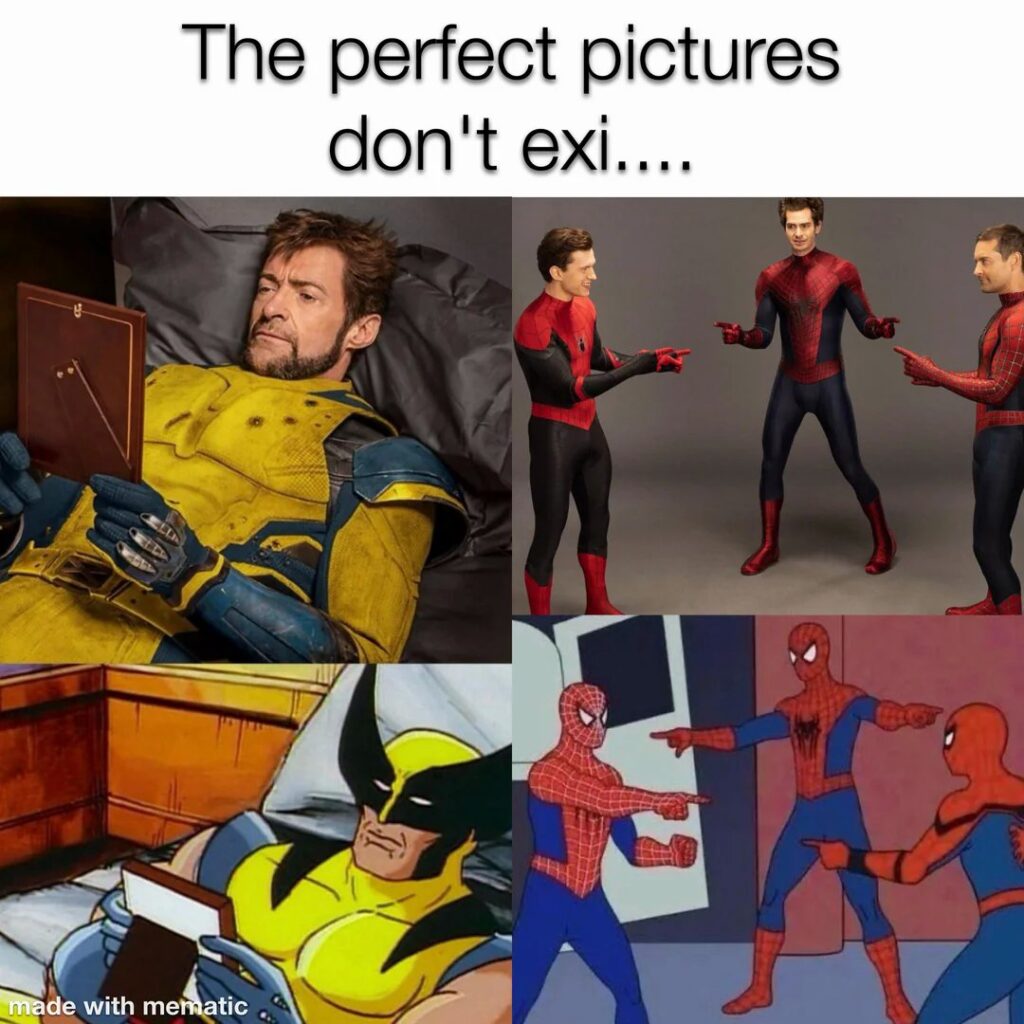 The perfect pictures don't exist meme featuring wolverine and spider-man