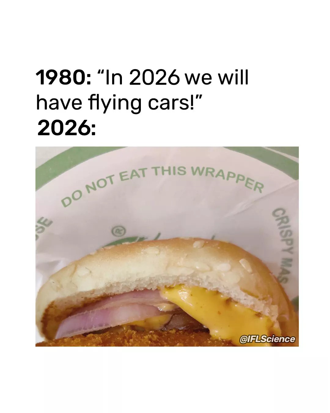 1980 prediction vs 2026 reality flying cars vs burger wrapper warning