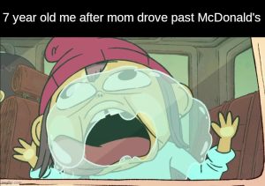 7 year old kid reacting to passing mcdonald's