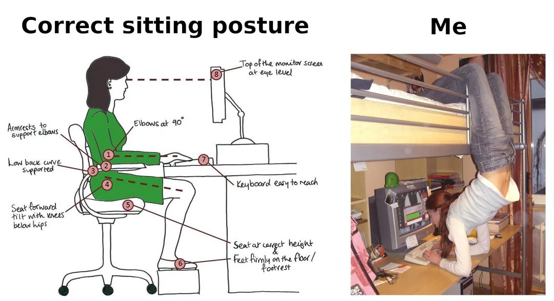 Correct sitting posture meme real-life comparison