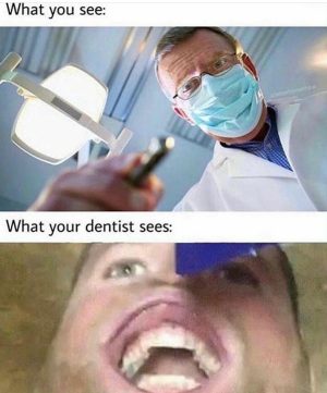 Dentist's perspective meme shows patient vs dentist view of teeth