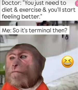 Doctor and patient's humorous exchange about diet and exercise.