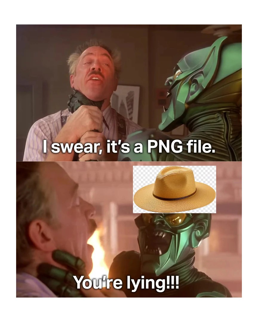 Green goblin meme argument about png file authenticity