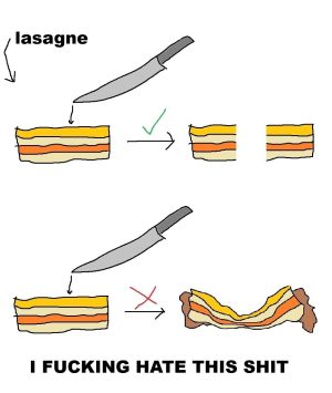 How to properly cut lasagna and the frustration when it goes wrong.