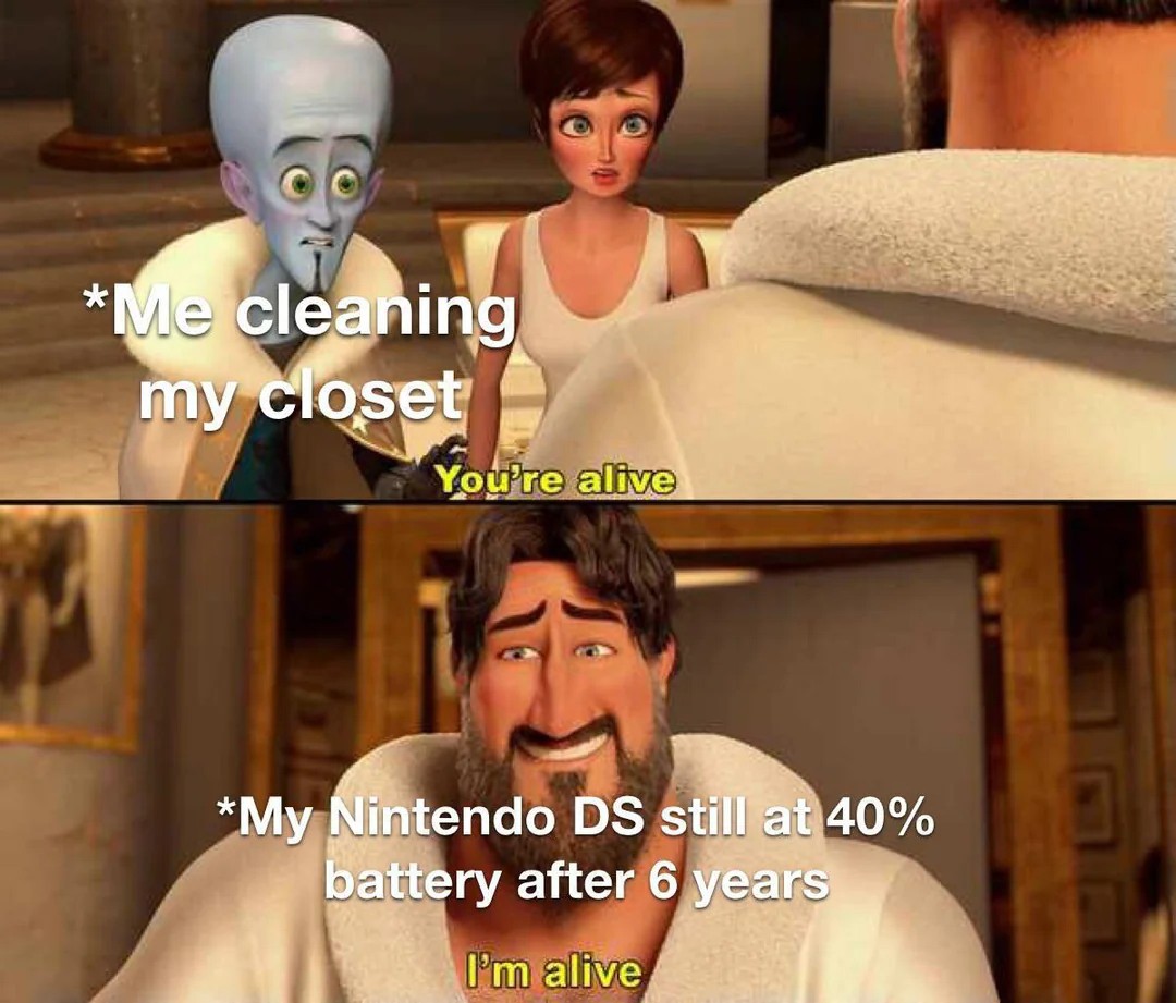 Me cleaning my closet and my nintendo ds battery still at 40% after 6 years Me cleaning my closet and my nintendo ds battery still at 40% after 6 years