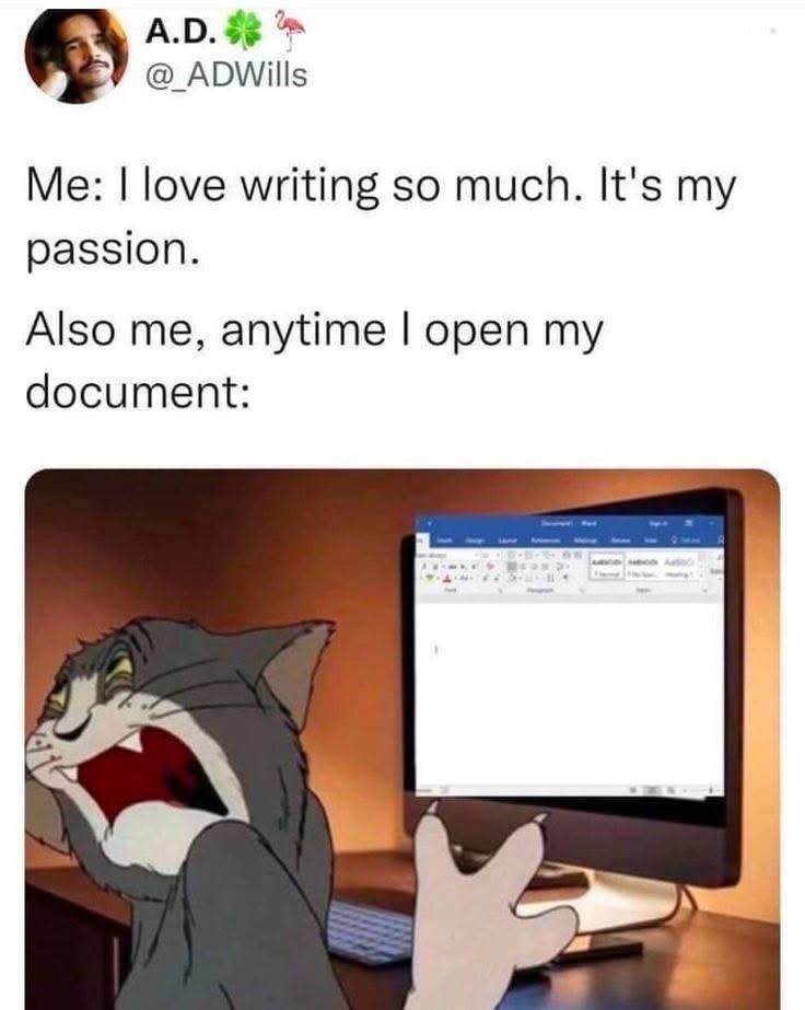 Me loving writing vs opening document meme