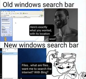 Old windows search bar vs new windows search bar meme.