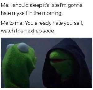 Self-hate meme about late-night tv binge