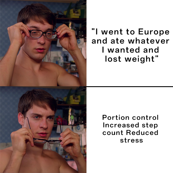 Spider-Man Glasses Memes: "I went to Europe and ate whatever I wanted and lost weight"